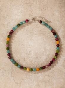 1 pièce Collier de mode bohème en pierre naturelle de 8 mm pour femmes. Collier de perles colorées en tourmaline et cristal rose pour femmes