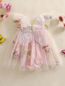 Newborn Infant Baby Girls Clothes Flower Butterfly Embroidery Sleeveless Romper Tulle Mesh Dress Toddler Bodysuit - 粉色 - 查看 1