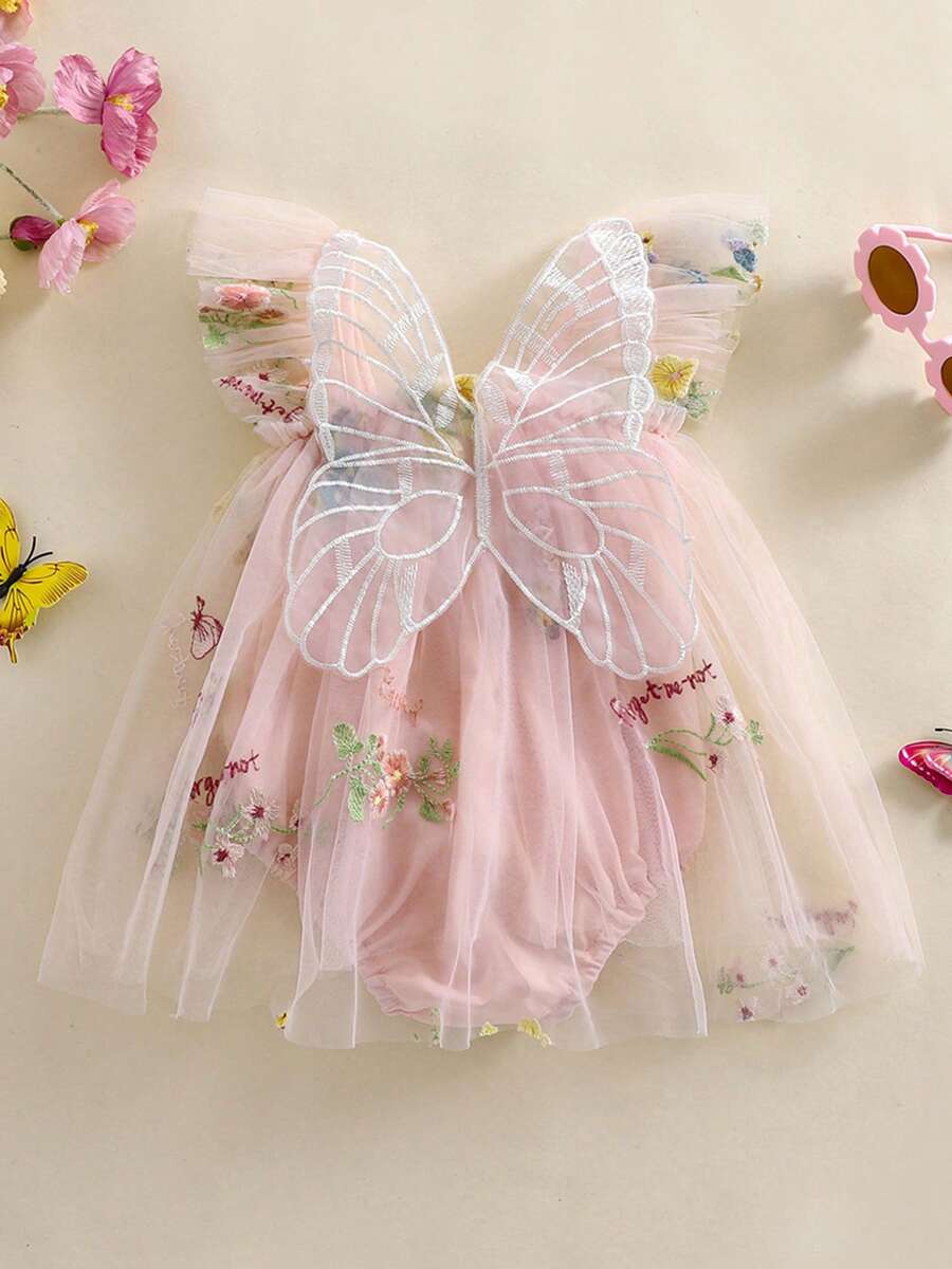Newborn Infant Baby Girls Clothes Flower Butterfly Embroidery Sleeveless Romper Tulle Mesh Dress Toddler Bodysuit - 粉色 - 查看 1