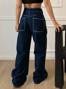 Livesso Casual Versatile Washed High Waist Straight-Leg Jeans - Dark Wash - View 4