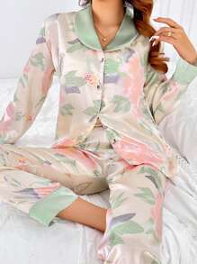 Conjunto de ropa de dormir de lujo con estampado y tacto sedoso para mujeres, de satén suave que se puede usar por fuera