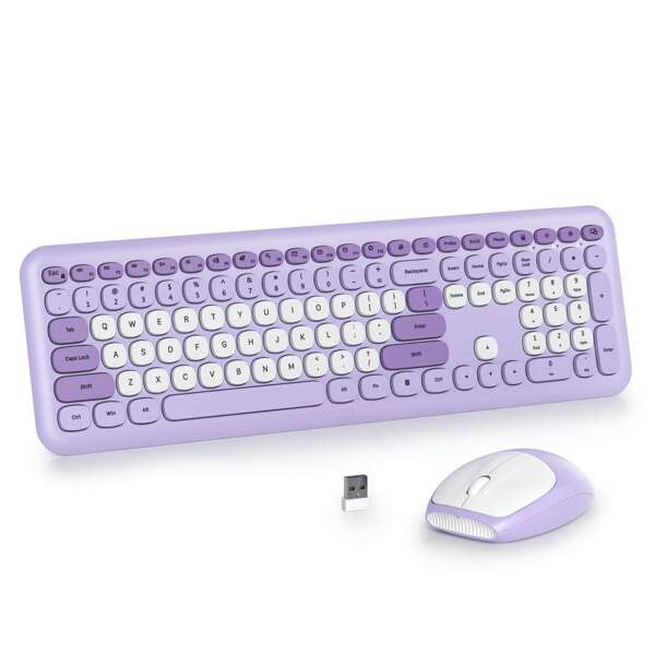 SURMEN Combinazione tastiera e mouse macchina da scrivere wireless, layout americano, set da ufficio retrò a grandezza naturale con 104 tasti, tastiera viola con copritasti rotondi silenziosi, ideale per laptop e PC desktop, tastiera dal design elettronico carino.