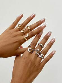 4 件套复古简约金属熔岩水滴不对称时尚个性戒指，适合女性日常、节日、派对、珠宝礼品套装