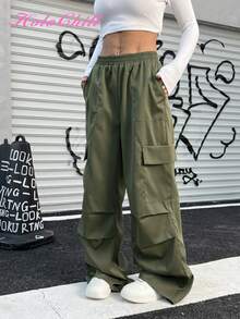Pantalones cargo de mujer HoloChill de color liso verde oliva con múltiples bolsillos y botones, con cordón y pliegues, ropa casual y urbana para uso diario, aeropuerto, regreso a la escuela, otoño e invierno - Negro - Ver 10