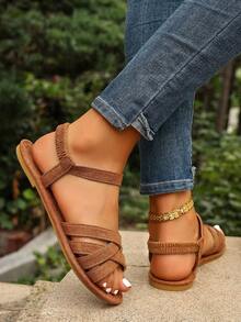 春夏新款平底纽扣凉鞋大码圆头蓝色拖鞋欧美风户外休闲编织沙滩凉鞋女平底凉鞋