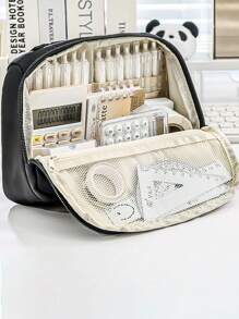 1 pezzo Borsa unisex per cartoleria e trucchi, con manico superiore, multi-strato, in colore unito con decoro in inglese, adatto per scuola e ufficio, essenziale per il ritorno a scuola, regalo decorativo per Ringraziamento, Natale e Ognissanti, astuccio portapenne, astuccio per zaino