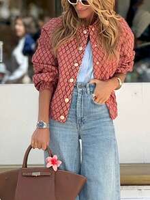 时尚印花休闲夹克，红色长袖轻薄短款外套 - 紅色 - 查看 4