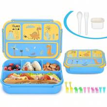 Lunch Box Kids, Bento Lunch Box For Girls Boys School, Lunch Containers For Adults Kids With 4 Compartments, Sauce Container, Utensils, Food Picks And Muffin Cups, Blue Dinosaur The Packaging Box Features A Green Lunchbox Cover But Contains