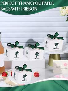 10pcs/1pc Gift Boxes With Ribbons, Green Candy Boxes With Ribbon Paper Candy Boxes, Suitable For Wedding Cookies Chocolates Small Gifts/National Day Gift Boxes - S-green + Gold Ribbon - View 2