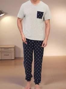 2pcs Men Pajama Set, Long Sleeve V-Neck Pullover Top And Long Pants Casual Sleepwear