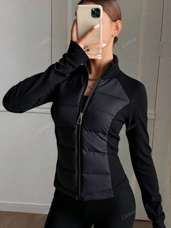 Livesso Zip Up Raglan Sleeve Padded Coat, Winter Women Clothes, Padded Coat Women