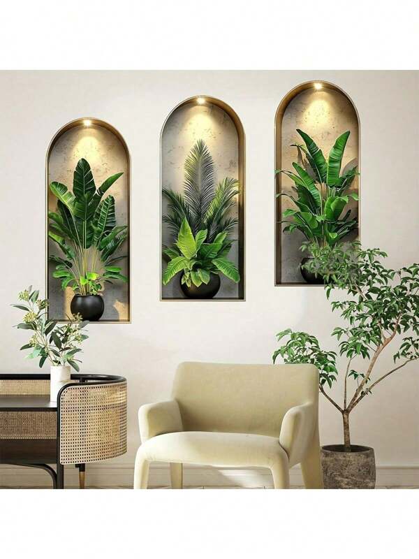 3pcNordic Green Plant Theme Simulated Arched Window Flowerpot Wall Stickers 3 Piecesset Self-Adhesive Removable Decorative Stickers Suitable For Living Room, Dining Room, Study Room Conjoined Decoration Creative Home Wall Stickers Living Room Wall Art