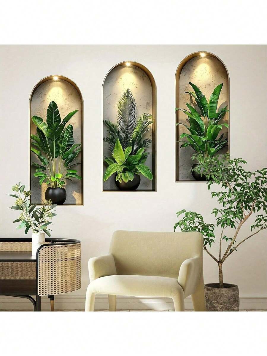 3pcs/Set Nordic Green Plant Theme Faux Arch Window Flower Pot Wall Stickers, 3 Pieces Self-Adhesive Removable Decorative Decals, Suitable For Living Room, Dining Room, Study And Other Connected Decor, Creative Home Wall Art - Multicolor - View 1