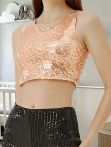Women Sequin Tank Tops Slim Sparky Round Neck Sleeveless Showing Navel Crop Vest  Summer Streetwear - 香檳色 - 查看 1