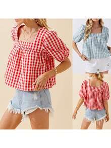 Women's Summer Plaid Print Tops Short Puff Sleeve Square-Neck Crop T-Shirt Casual Blouse - Đỏ - Xem 2