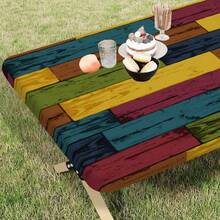 1pc Retro Wood Grain Patchwork Tablecloth, Natural Style, Elastic Edges, Easy To Clean, Suitable For Family Gatherings, Outdoor Picnics, Themed Parties, Indoor/Outdoor Use