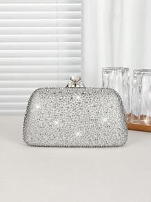 1pc Silver Glitter Rhinestone Embellished Women's Evening Clutch Bag, Fashionable & Elegant Handbag With Metal Chain, Suitable For Parties, Romantic Weddings, Formal Occasions, Banquets, Great Gift For Women