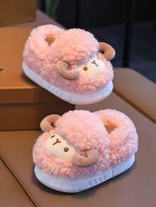 1 Pair Kids Cartoon Animal Slippers For Boys And Girls, Multi-Color Plush Indoor Shoes With Comfortable Fabric Lining, EVA Sole, Cute Animal Design, Warm Winter Slippers - Pink - View 5