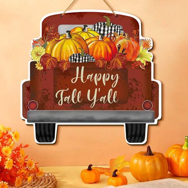 1 Set Of 2D Autumn Happy Fall Y'all Pumpkin Car Wooden Modern Wall Entry Decoration Welcome Sign Autumn Thanksgiving Themed Party Decoration, Restaurant Decoration, Room Decoration, Home Decoration