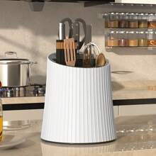 1pc Multifunctional 360° Rotating Kitchen Utensil Holder, Large Capacity, Simple Design (Excluding Knives, Spoons And Chopsticks), Multiple Colors Available, Cylindrical Shape With Vertical Lines, Can Store Knives, Spoons And Chopsticks, Plastic Material, Suitable For Everyday Kitchen Use