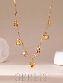 GEREIT 1pc Summer Red Cherry Heart Pendant 18K Gold Stainless Steel Necklace For Women, Suitable For Everyday Wear - Love Cherry - View 1
