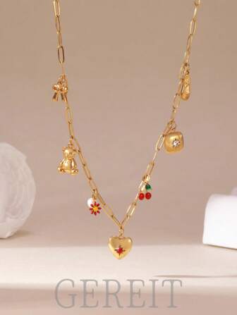 GEREIT 1 件夏季红樱桃心形吊坠 18K 金不锈钢项链，适合女士日常佩戴