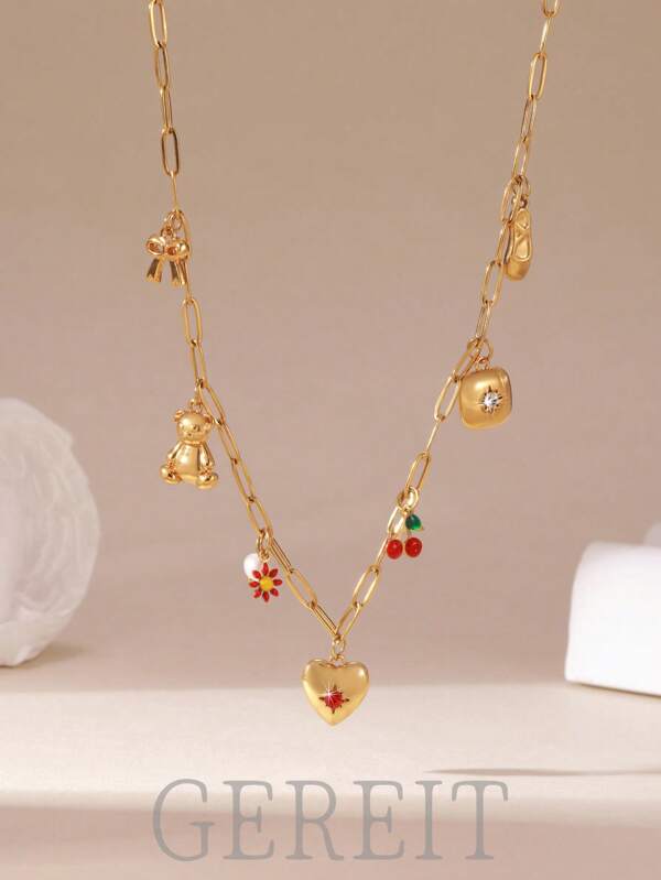GEREIT 1 Stück Sommer Halskette aus Edelstahl mit rotem Kirschherz Anhänger, 18 Karat Gold, geeignet für den täglichen Gebrauch