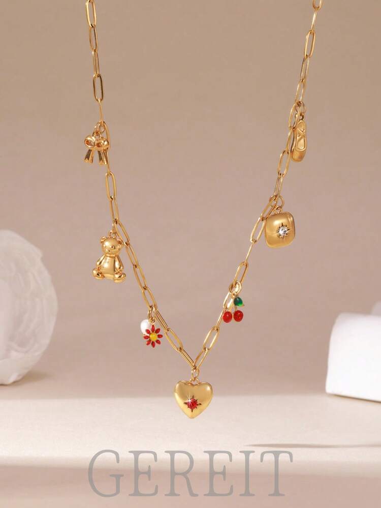 GEREIT 1pc Summer Red Cherry Heart Pendant 18K Gold Stainless Steel Necklace For Women, Suitable For Everyday Wear - Love Cherry - View 1