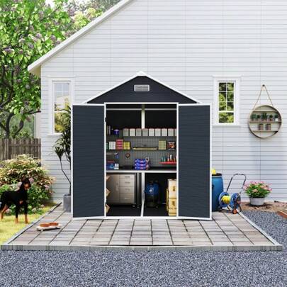 Outdoor Storage Shed 6x6FT, Resin Shed Plastic With Floor For Garden Tool,Waterproof Outdoor Resin Storage,Lockable Doors For Patio,Yard,Lawn