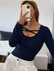 Livesso Cross Detail Long Sleeve Ribbed Knit Casual T-Shirt - Navy Blue - View 2