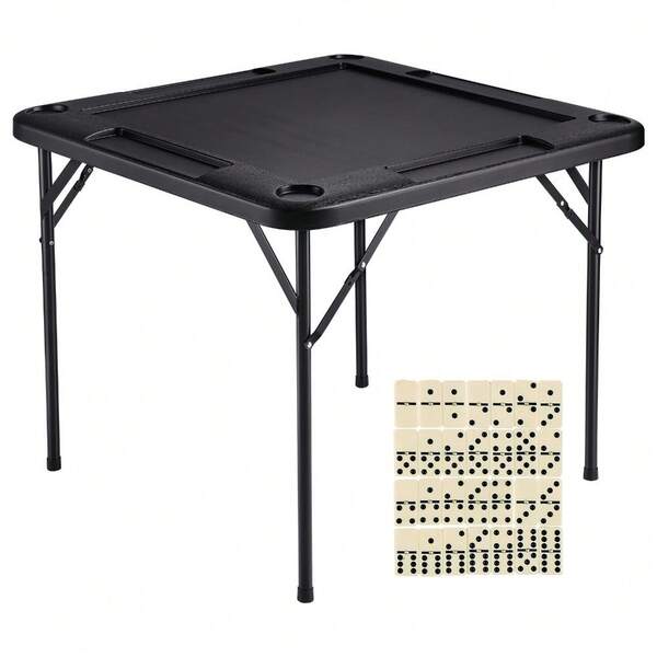Mahjong Table 4 Player Folding Card Table & 4 Cup Holders Chip Trays Black