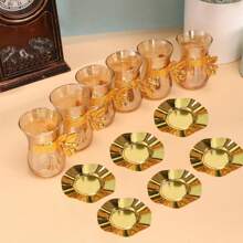 1 Set Of 6 Cups, 6 Saucers, 6 Spoons Gold Coffee Cup Set, Household Red Tea Green Tea Coffee Cups And Dessert Plates Glass Set, Suitable For Gatherings, Weddings, Daily Parties And Holidays Back To School