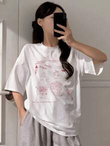 2026 Women's Round Neck Printed Casual T-Shirt, Simple Fashion, Suitable For Daily Wear, Cute Top, Oversized T-Shirt, Patterned T-Shirt, Back To School Outfit, Teacher Clothing Casual Daily Wear - 白色 - 查看 6