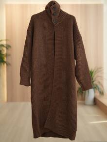 JIANHU 高领中长纯色休闲开衫，长袖上衣