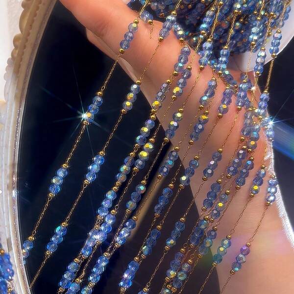 1m Fashionable Stainless Steel Bead Chain With Colorful Glass Beads, Handmade Necklace Bracelet Jewelry DIY Supplies