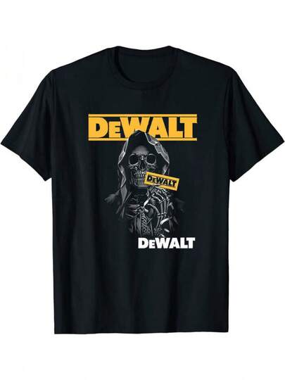 Camiseta gráfica de calavera para hombres y mujeres de Dewalt - Camiseta de streetwear 100% algodón con logo amarillo llamativo, manga corta negra de ajuste regular, tallas S-5XL para uso casual y deportivo, streetwear moderno, camiseta de ajuste cómodo