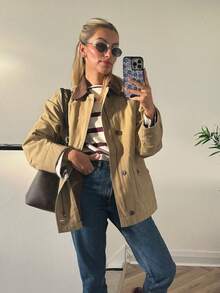 Chaqueta acolchada de mujer con solapa, de manga larga y con bolsillos, de corte holgado para otoño e invierno