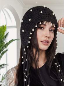 1 件镂空珍珠装饰帽，优雅百搭镂空花朵女帽，轻盈春夏时尚针织钩针头饰秋季配饰