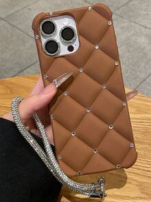 奢华菱形绗缝亮面手机壳，兼容 17/15 Pro Max/13/14/12/11/16，附赠亮面挂绳，周年纪念礼物 - 棕色 - 查看 4