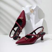 Mostrin Slingback Kitten Heels For Women Low Heel Closed Pointed Toe Pumps Buckle Strap Dress Shoes For Daily Working Wedding - Màu Đỏ Sâu - Xem 4