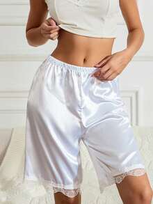 Xsylife Women Plus Size Midi Pyjama Bottoms Silk Satin Pajamas Short Pants Soft Half Lace Sleep Nightwear Sleepwear Trousers - 白色 - 查看 3