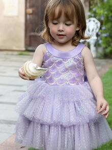 Baby Girls' Mermaid Bow Sequin Deep V Back Tulle Lavender Elegant Princess Dress, Suitable For Baby's 1st Birthday Gift, Banquet, Evening Party, Special Occasion, Holiday Celebration - Mauve Purple - View 8