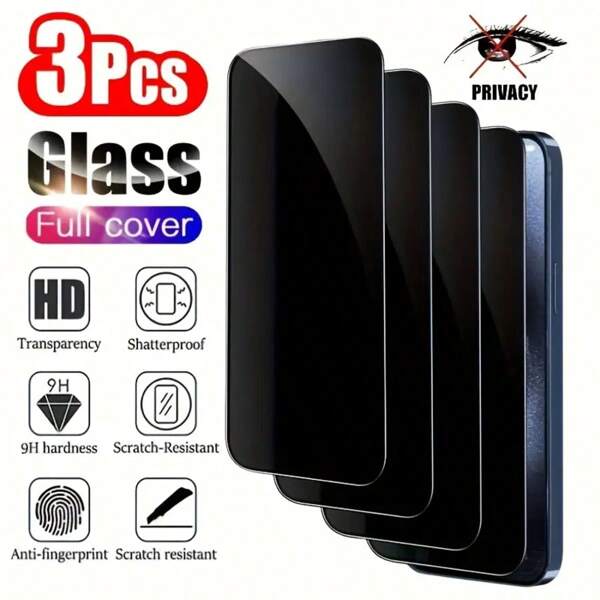 3pcs Privacy Protection Full Screen Tempered Glass Film For IPhone 16 Pro Max/16 Pro/16 Plus/16/16e/15 Pro Max/15 Plus/15 Pro/15/14 Pro Max/14 Plus/14 Pro/14/13 Pro Max/13 Pro/13/12 Pro Max/12 Pro/12/11 Pro Max/11 Pro/11/Xs Max/Xr/Xs/X, Anti-Peep, Anti-Fingerprint, Anti-Drop Screen Protector