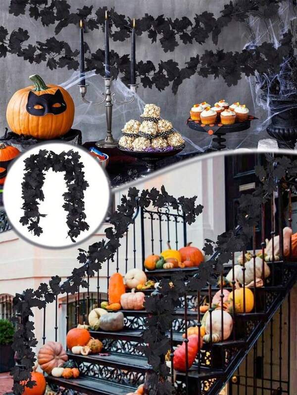 1pc Fall Decoration Black Wreath, Black Decoration Halloween Wreath Autumn Wall Hanging Maple Leaves, Artificial Black Maple Leaf Vines, Halloween Decoration Home Decor