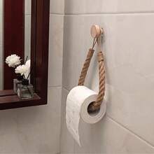 1pc Wall Mounted Jute Rope Toilet Paper Holder, No Drilling Toilet Jute Rope Paper Towel Rack, Kitchen Wall Mounted Paper Towel Holder With Hook, Suitable For Replacing Roll - Modern Home Stylish Bathroom Accessory - Brown - View 1