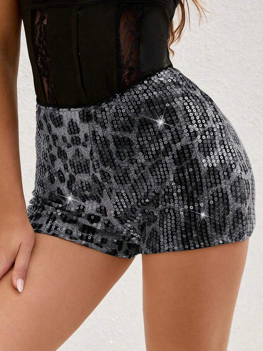 Pantalones cortos brillantes con estampado de leopardo de lentejuelas estilo Y2K vintage, adecuados para fiestas rave y festivales de música, pantalones de moda para mujeres, ropa de verano Y2K - Gris - Ver 1