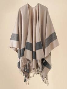 1pc New Striped Tasseled Poncho/Cape, Warm & Fashionable Unisex Shawl Scarf For Autumn/Winter