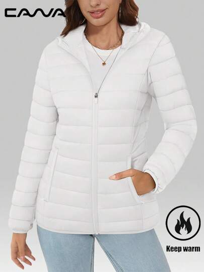 Cavva 女士连帽羽绒服，防风轻便，绗缝内衬，拉链设计，休闲保暖，适合冬季穿着，带4个口袋，适合徒步、露营、工作等场合，抓绒面料。