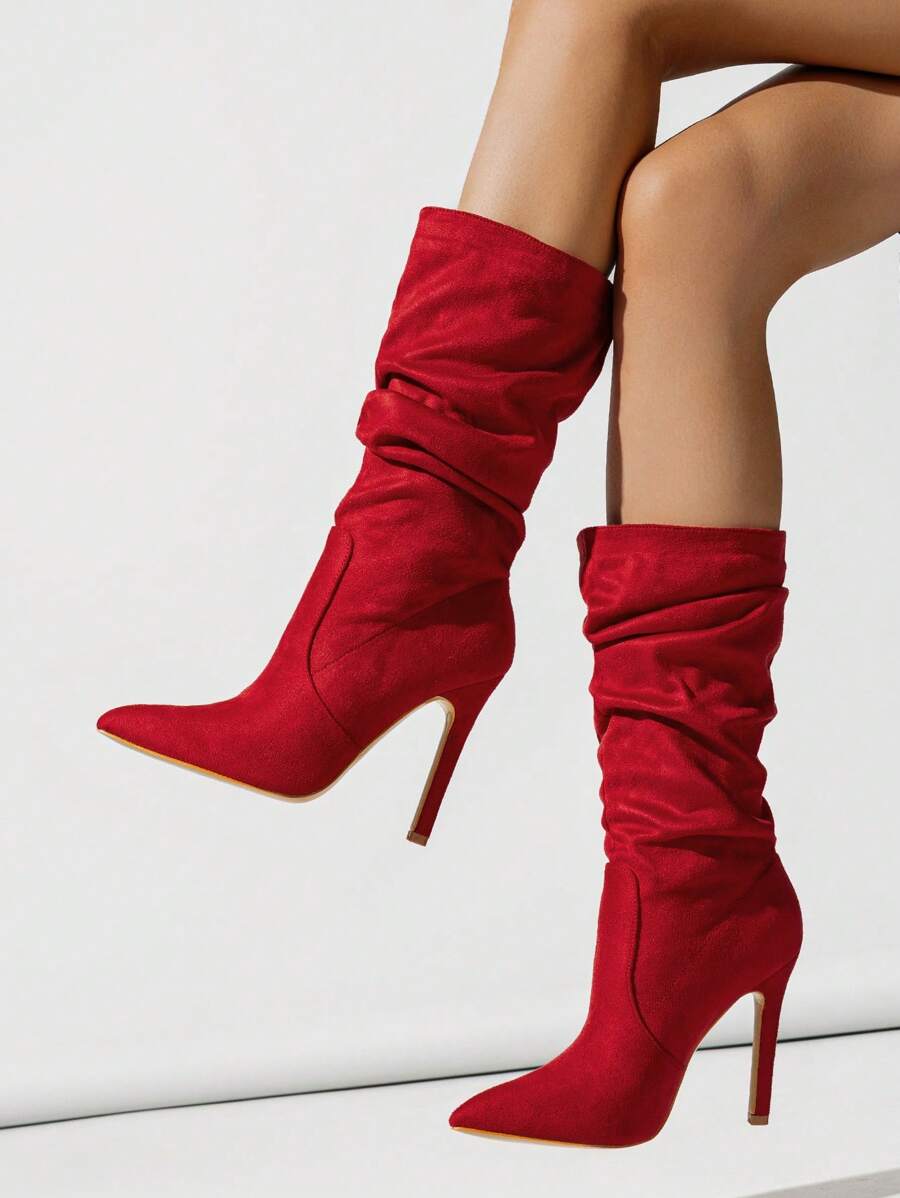 Women Black Pointed Toe Suede Side Zipper High Heel Boots, Wrinkle Versatile Party Mid-Calf Warm Boots For Autumn/Winter,Sexy - Red - View 1