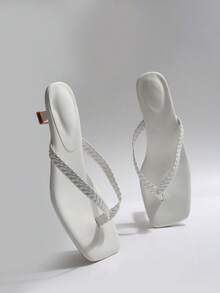 女士新款高跟人字拖，编织皮革鞋面小猫跟拖鞋，镂空设计优雅高跟鞋，别致百搭露趾穆勒鞋 - 白色 - 查看 3